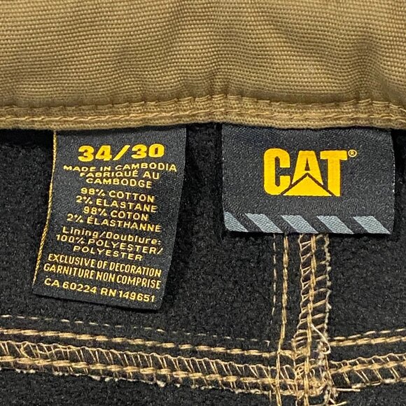 CAT Caterpillar Work Pants Mens 34 x 30 Brown Canvas Fleece Lined Insulated - Picture 6 of 12